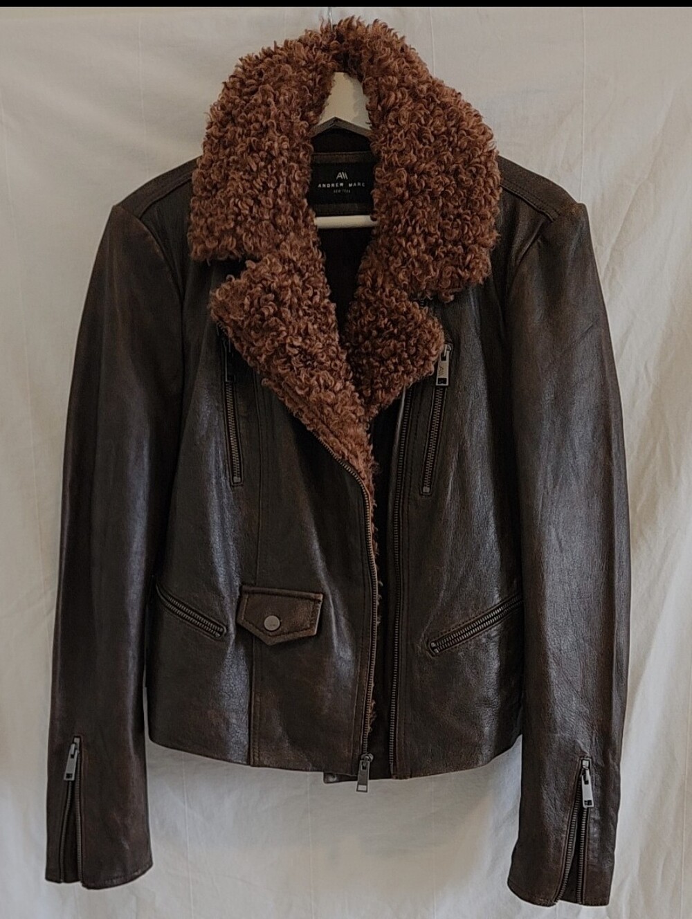 Marc New York Genuine Brown Leather Jacket with Curly Shearling Collar